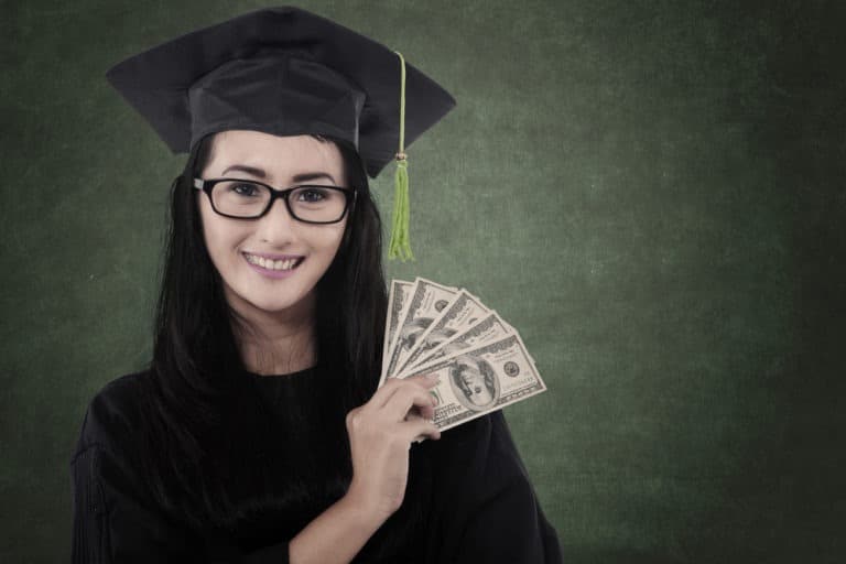 Beautiful graduate student get money as a gift