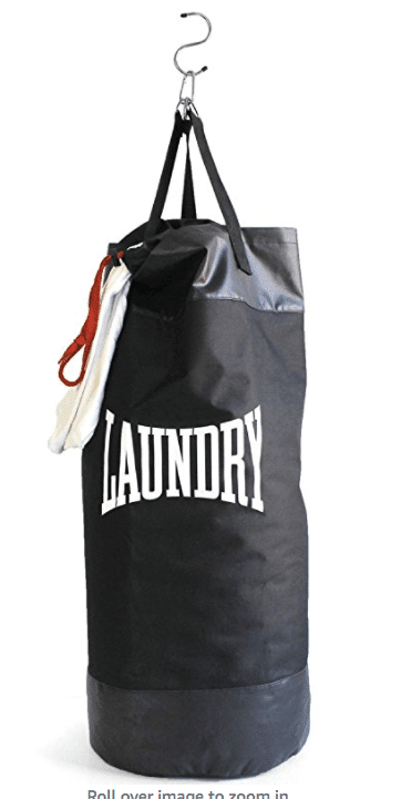 black punching bag laundry bay with "laundry" written in white on the side