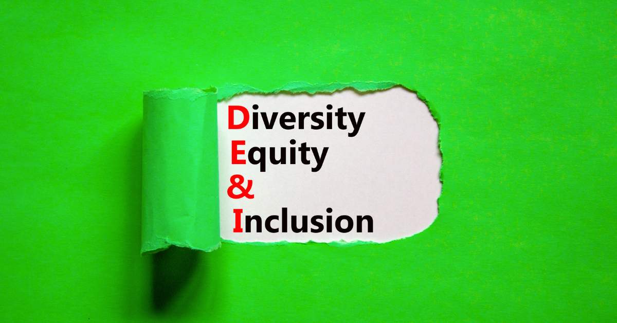 Green background with the paper peeled back to reveal the words, "Diversity, Equity, and Inclusion."